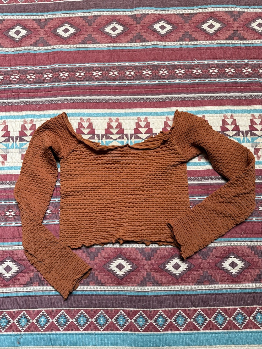 Free People Rust Orange Off-Shoulder Textured Crop long sleeve XS